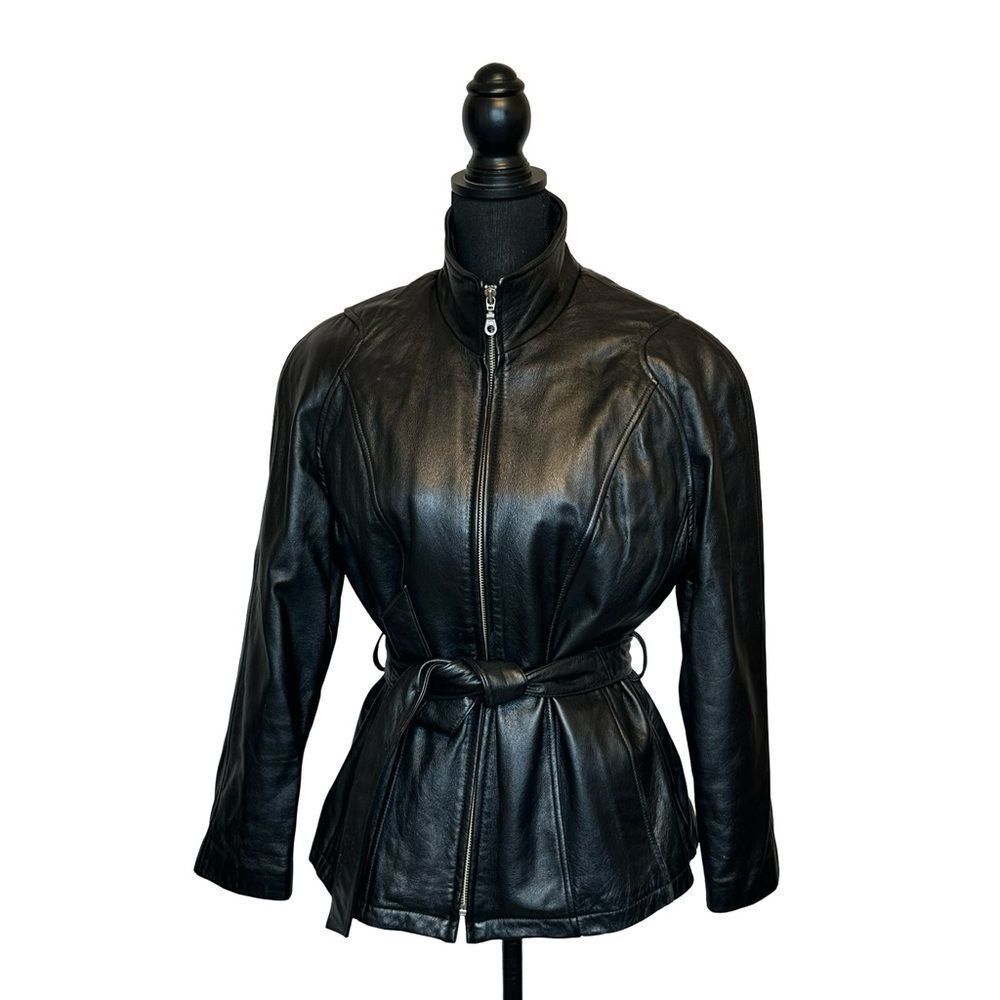 WILSONS LEATHER Black Belted Leather Biker Jacket Zip Front Size Medium - Picture 3 of 14
